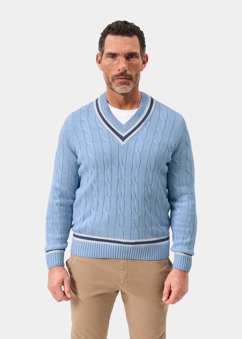 Men's Cotton Vee Neck Cricket Jumper in Light Blue, White and Dark Blue