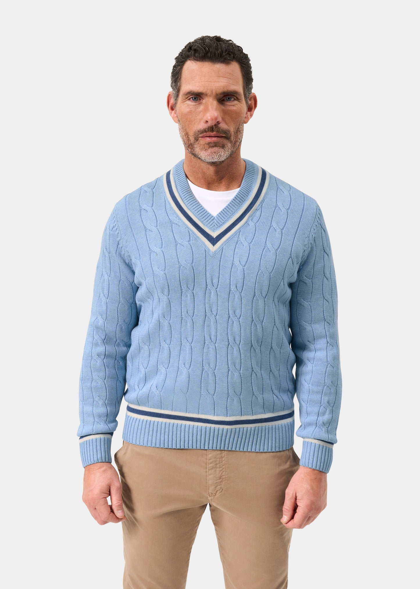Men's Cotton Vee Neck Cricket Jumper in Light Blue, White and Dark Blue