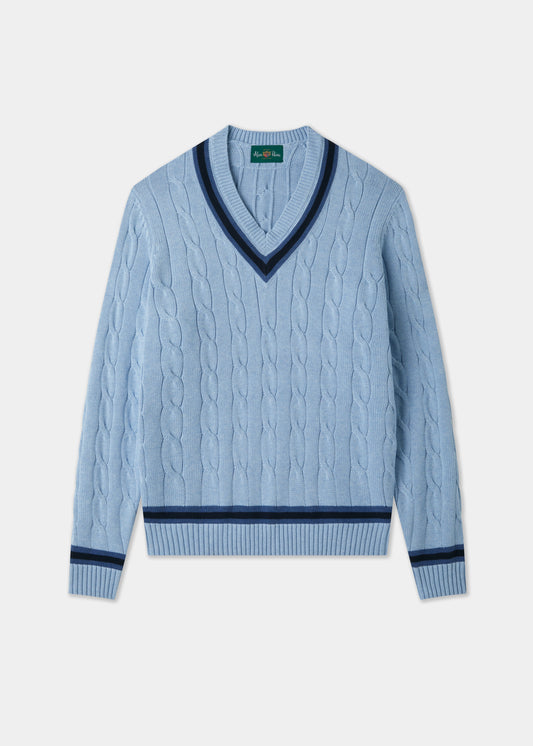 Cotton V-Neck Cricket Jumper In Light Blue and Navy