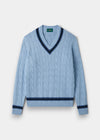 Cotton V-Neck Cricket Jumper In Light Blue and Navy