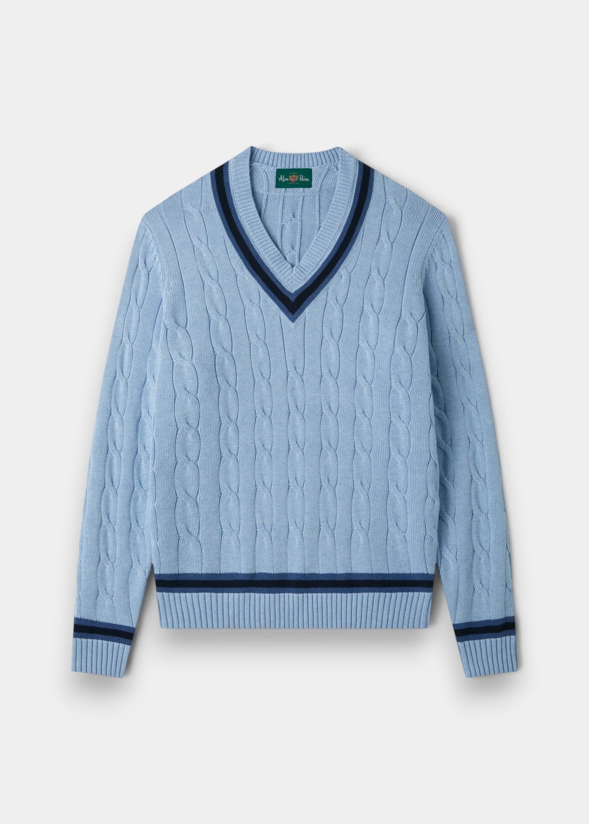 Steel blue cotton cable knit V-neck jumper by Sandridge with dark navy trim and ribbed cuffs, front view