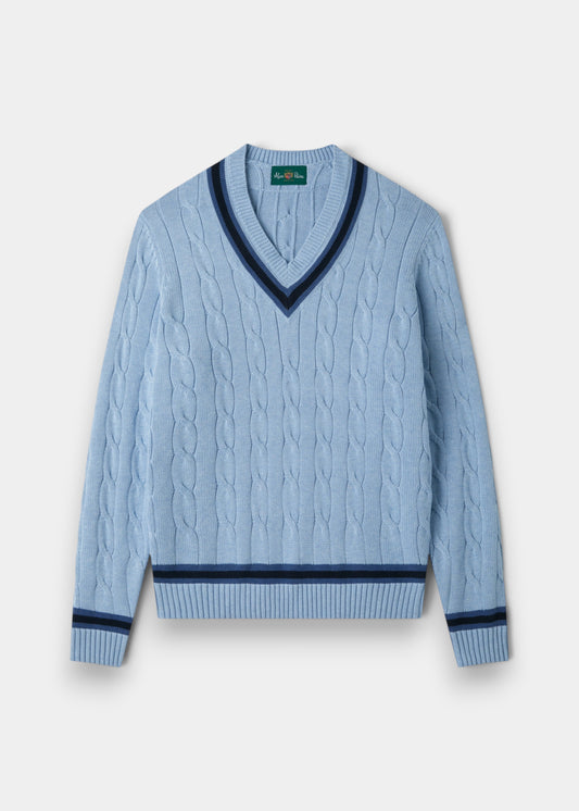 Steel blue cotton cable knit V-neck jumper by Sandridge with dark navy trim and ribbed cuffs, front view