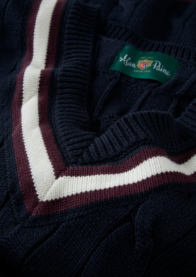 Men's Cotton Vee Neck Cricket Jumper in Navy & Purple
