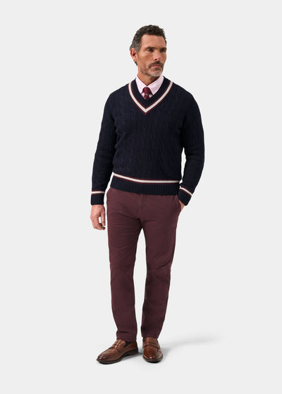 Men's Cotton Vee Neck Cricket Jumper in Navy & Purple
