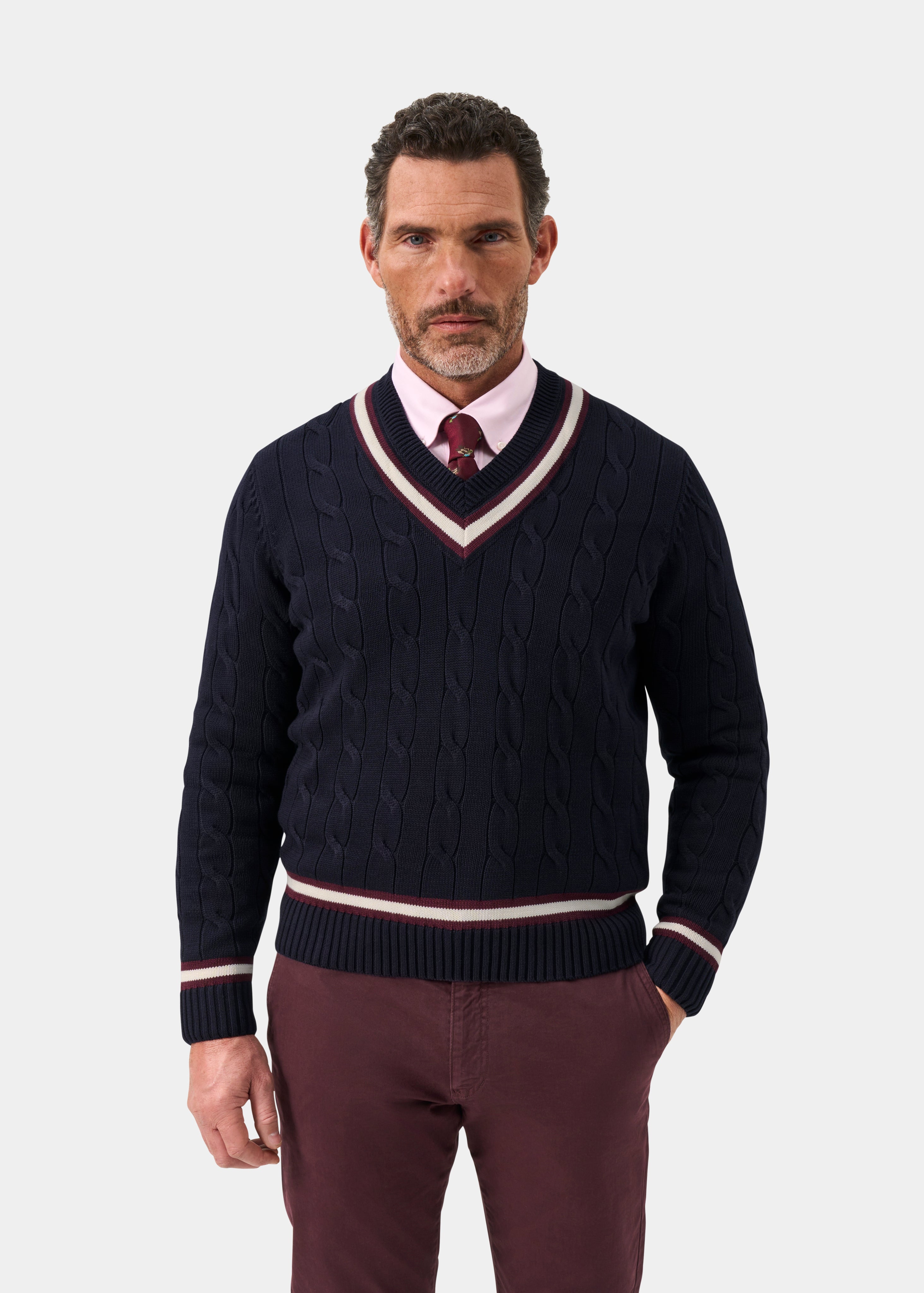 Men's Cable Knit Cricket Jumper In Dark Navy and Blackcurrant