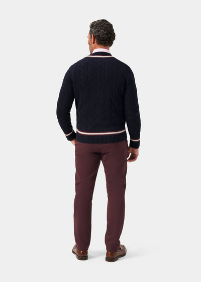 Men's Cotton Vee Neck Cricket Jumper in Navy & Purple