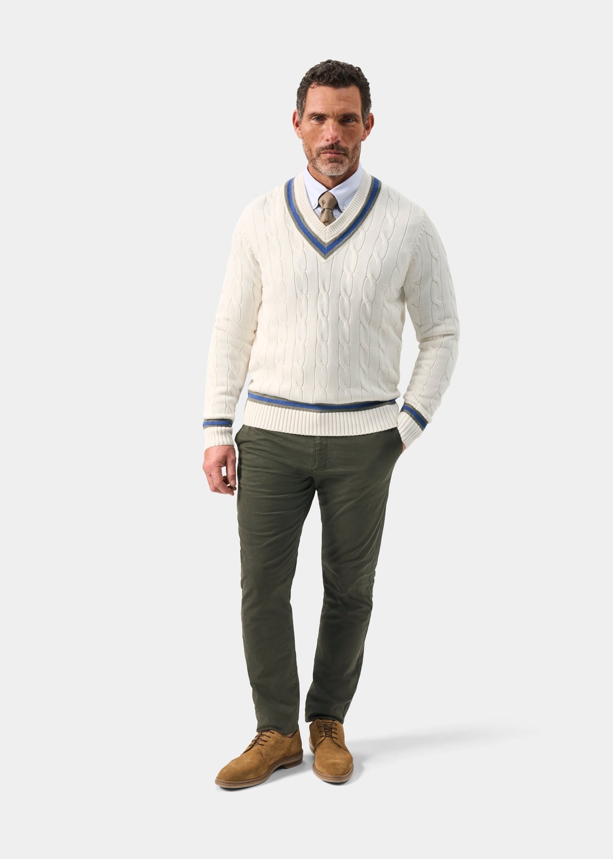Men's Cotton Vee Neck Cricket Jumper in White, Green and Blue