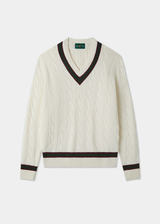 Men's Cotton Vee Neck Cricket Jumper in White, Purple and Green
