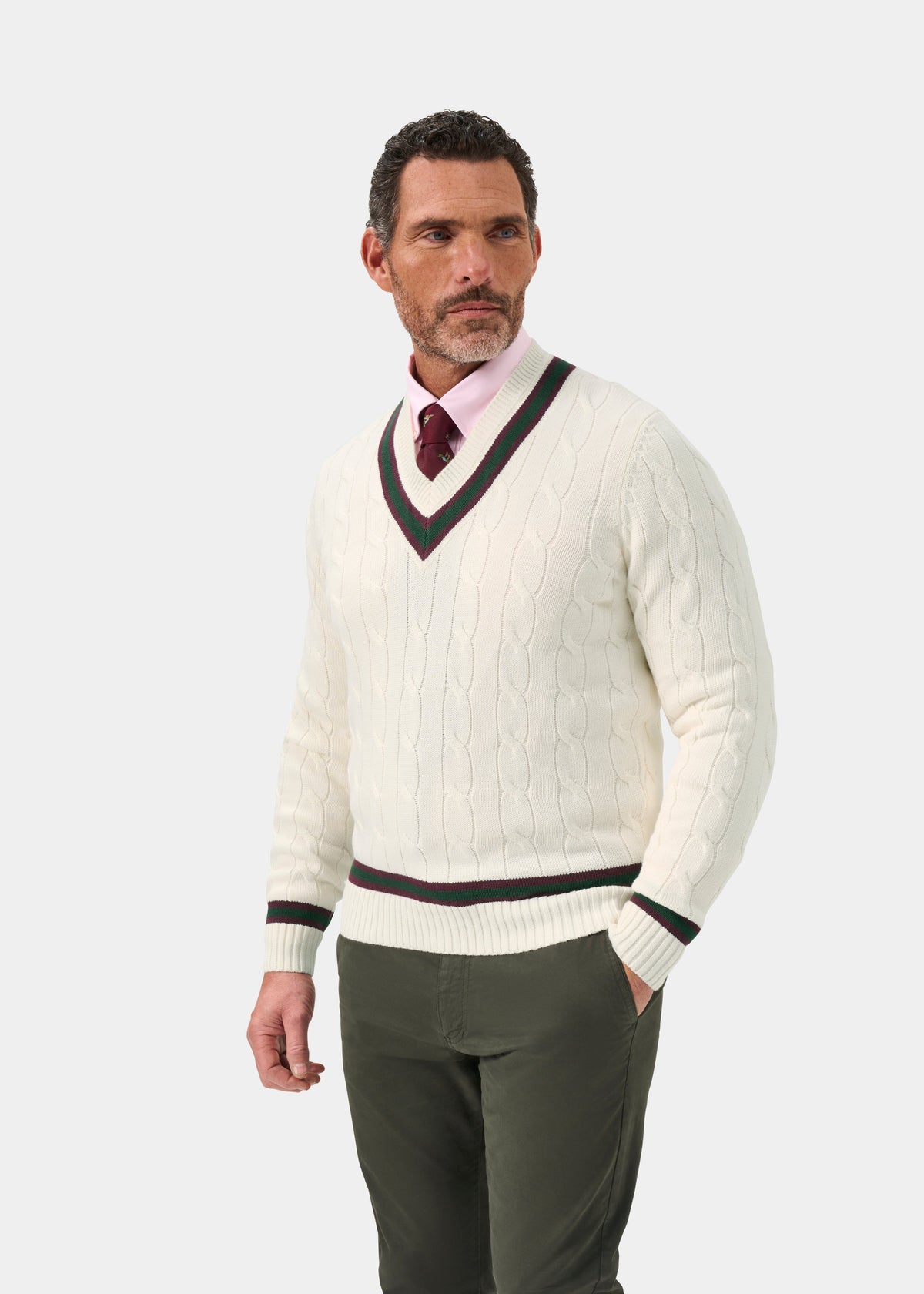Men's Cotton Vee Neck Cricket Jumper in White, Purple and Green