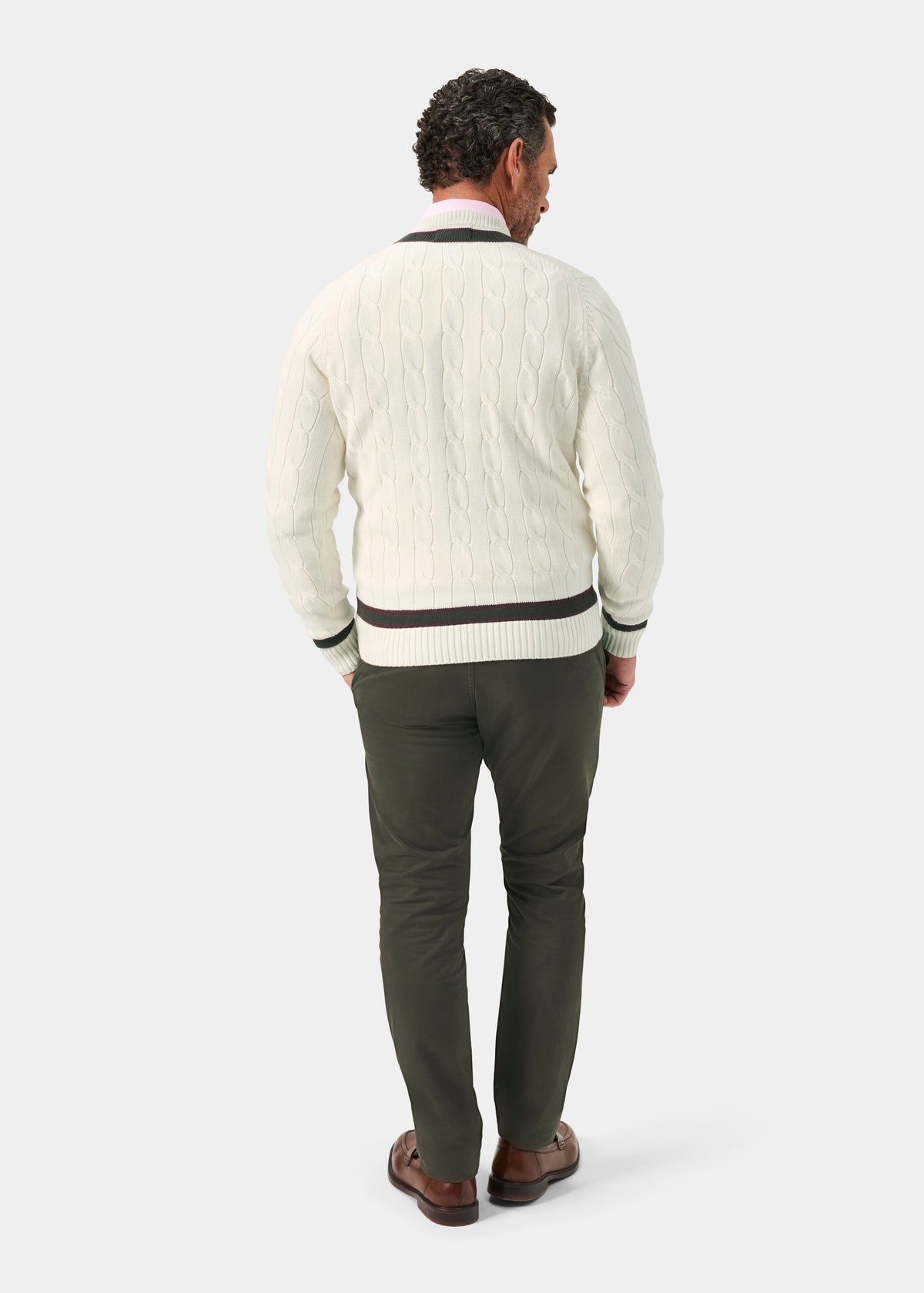Men's Cotton Vee Neck Cricket Jumper in White, Purple and Green