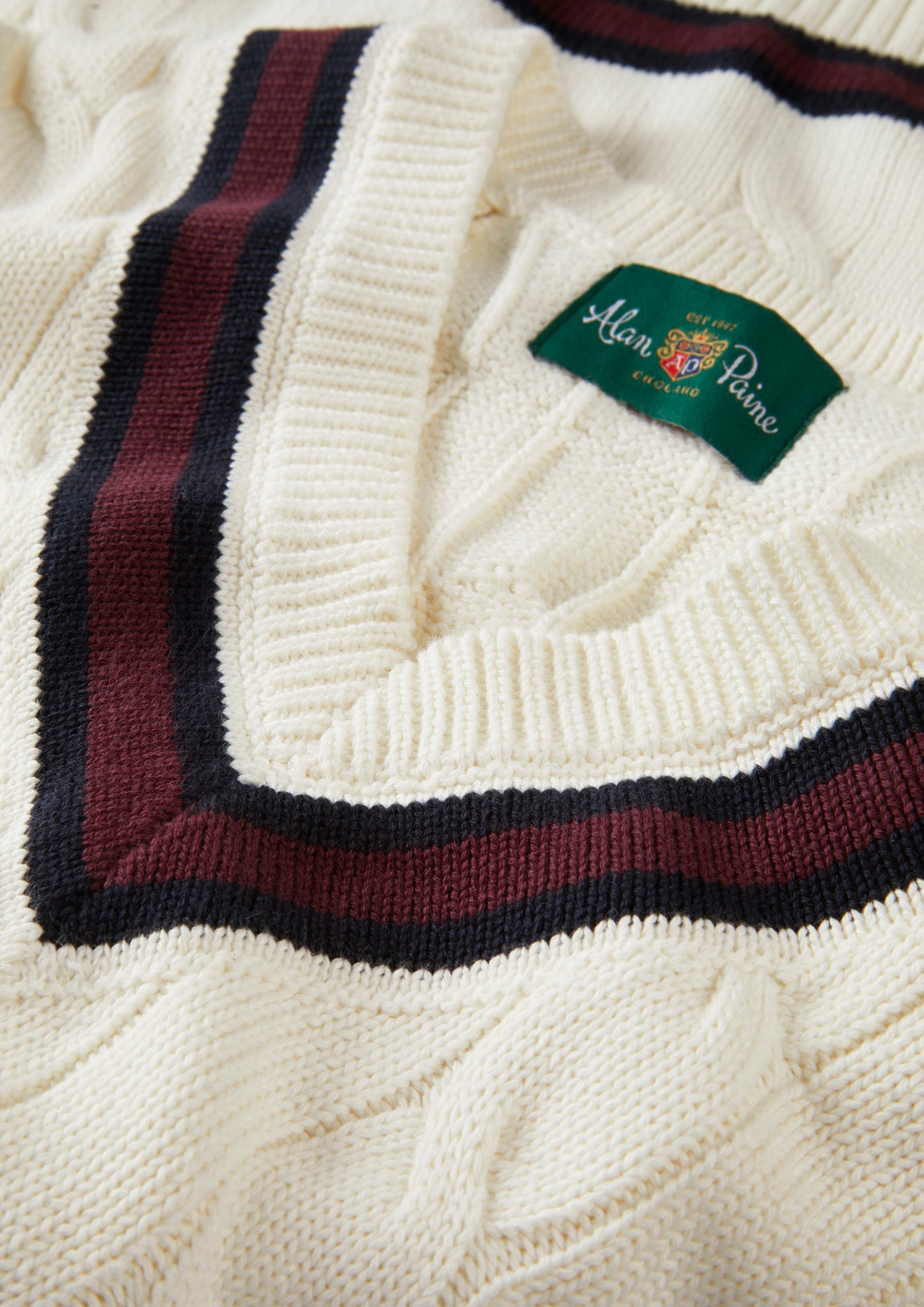 Men's Cotton Vee Neck Cricket Jumper in White, Navy and Purple