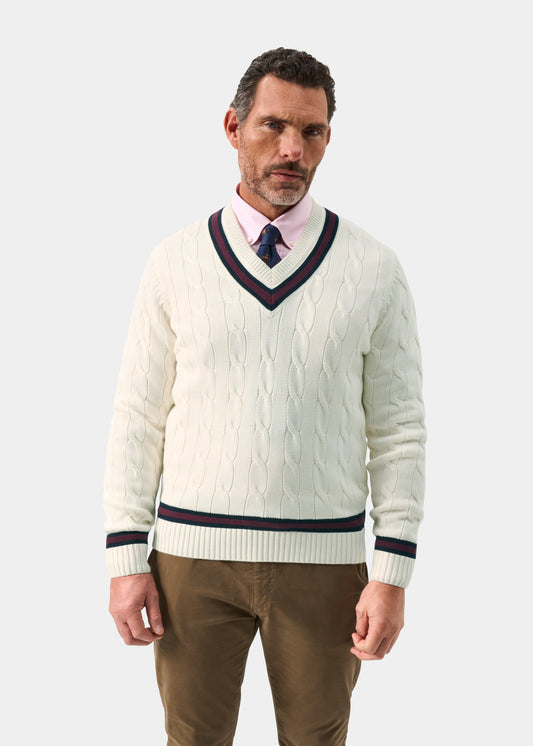 Men's Cotton Vee Neck Cricket Jumper in White, Navy and Purple
