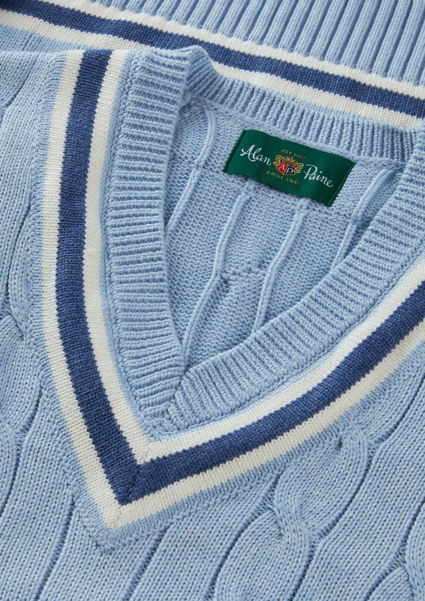 Men's Cotton Vee Neck Slipover Cricket Jumper in Light Blue and Navy