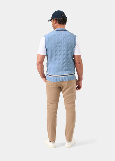 Men's Cotton Vee Neck Slipover Cricket Jumper in Light Blue and Navy