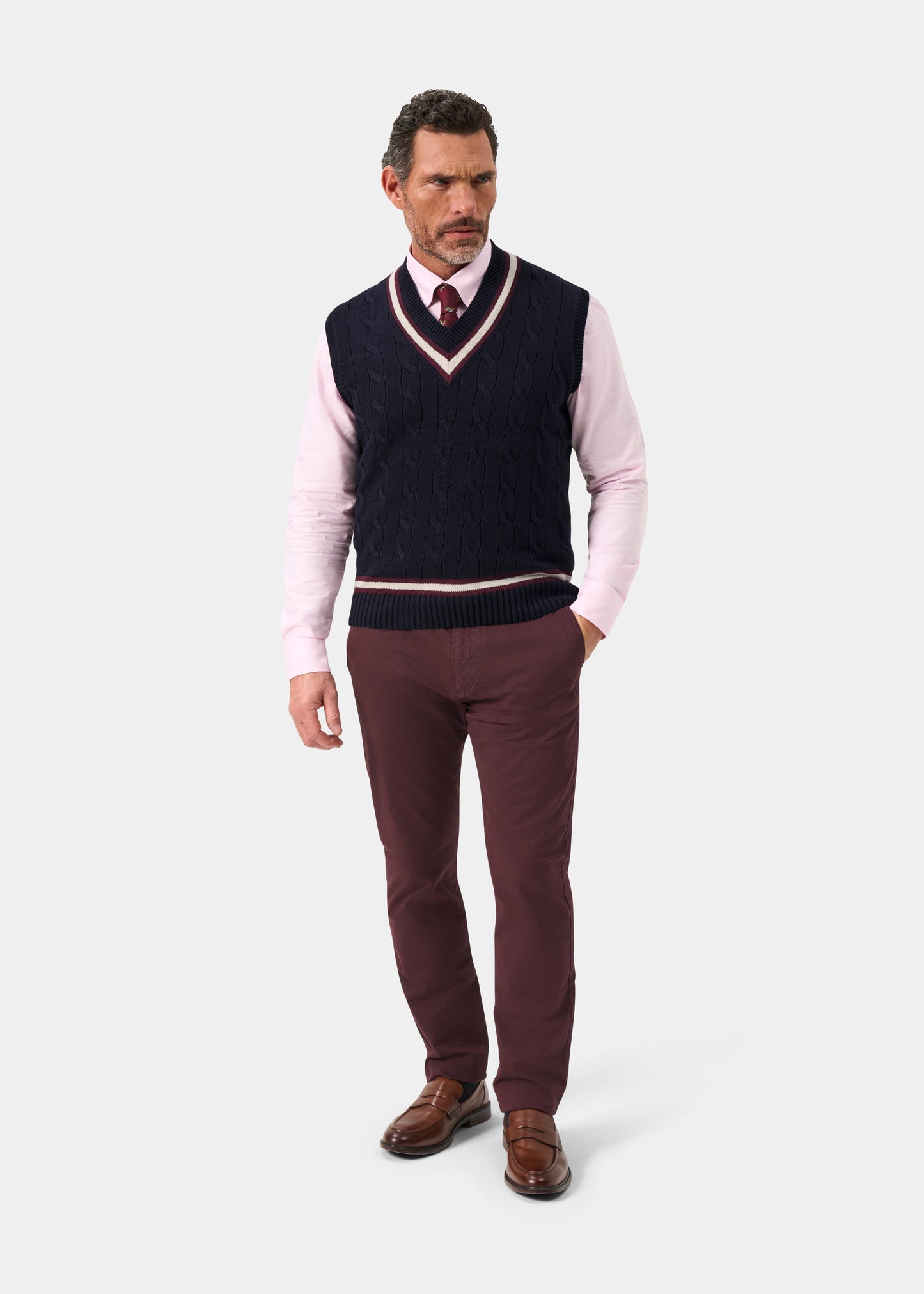 Men's Cotton Vee Neck Slipover Cricket Jumper in Navy and Purple