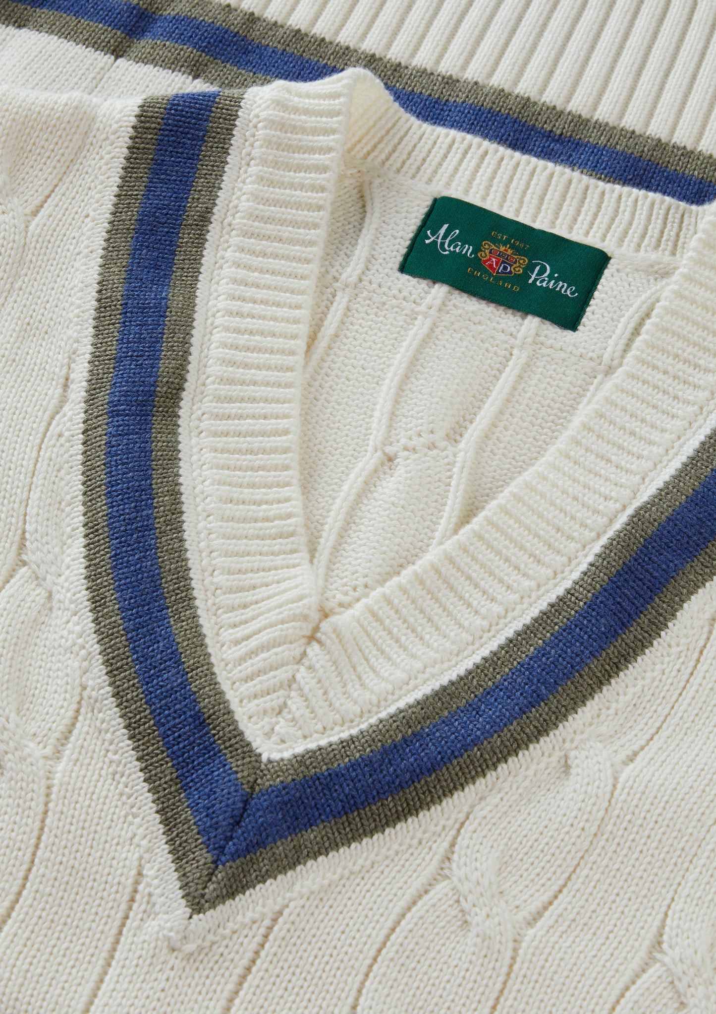 Men's Cotton Vee Neck Slipover Cricket Junper in White and Blue