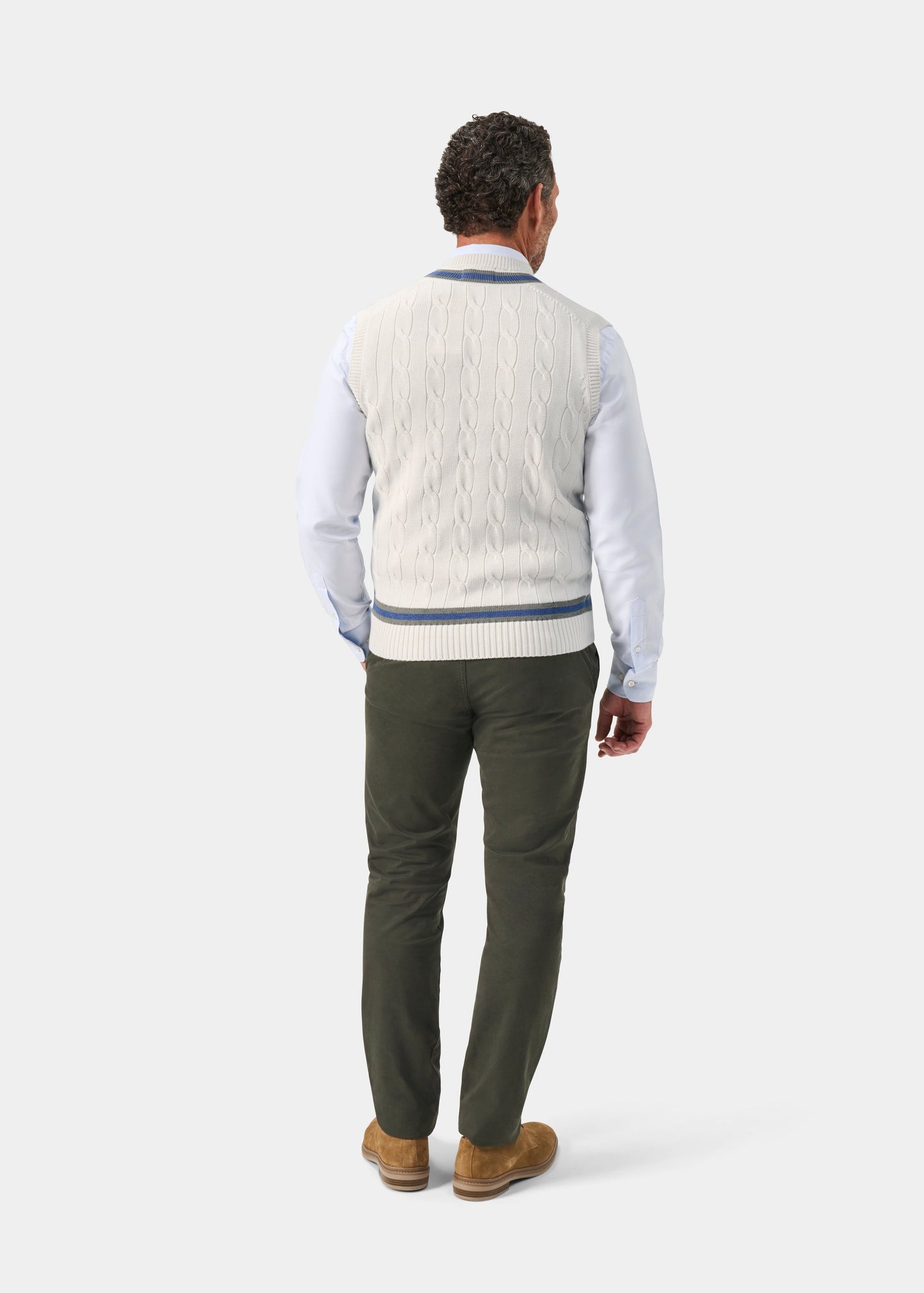Men's Cotton Vee Neck Slipover Cricket Junper in White and Blue