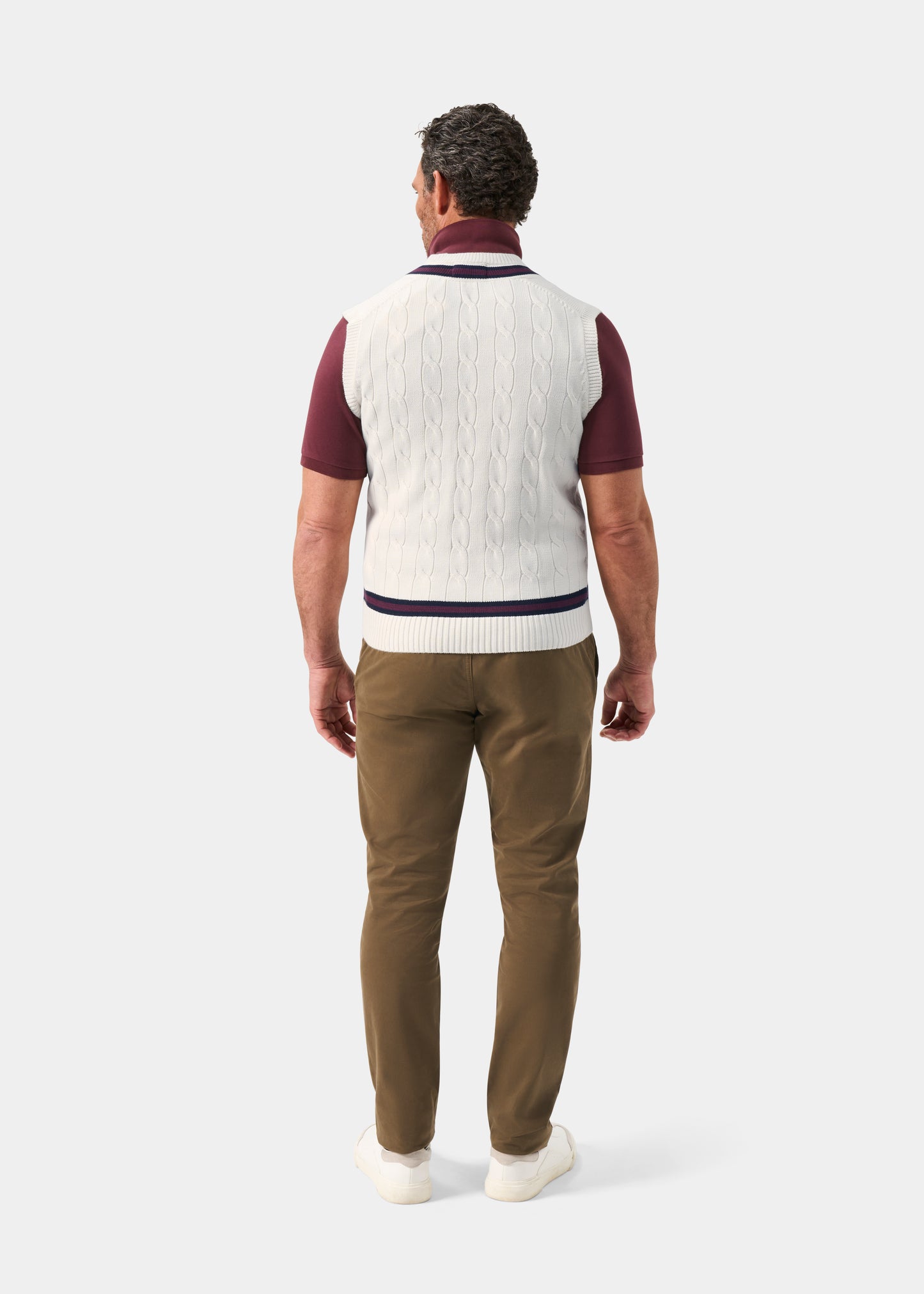 Men's Cotton Vee Neck Slipover Cricket Junper in White and Red