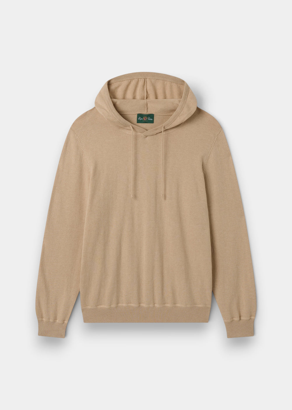 Gaisby Cotton Merino Hoodie in Oatmeal, regular fit, with drawstrings and ribbed cuffs, shown flat on white background.