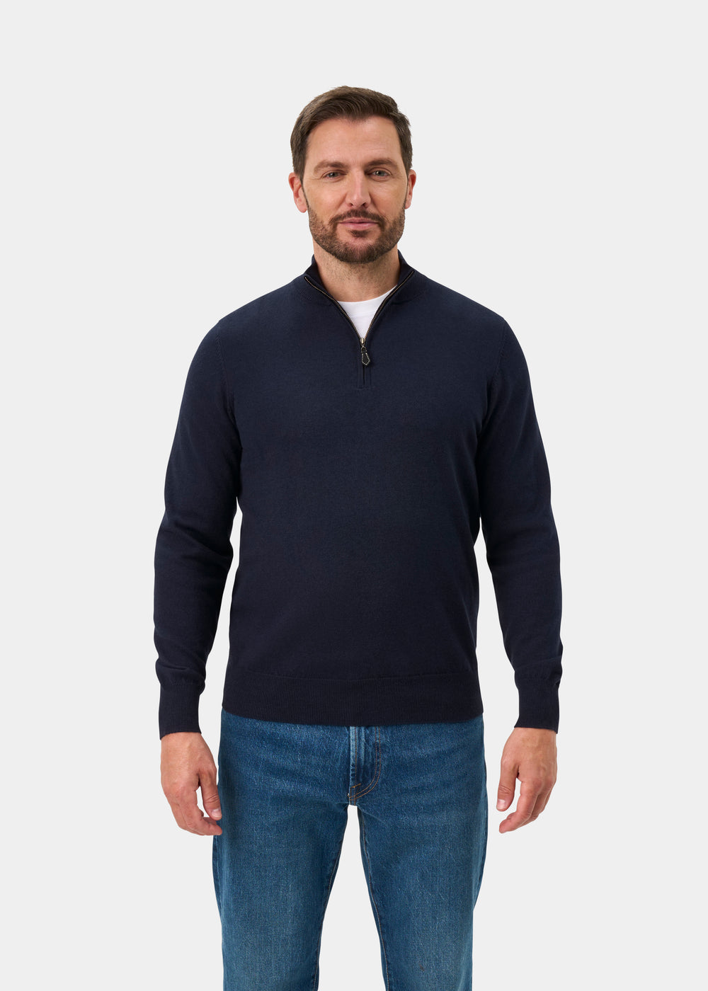 Ashfield Cotton Merino Quarter Zip Jumper In Dark Navy - Regular Fit