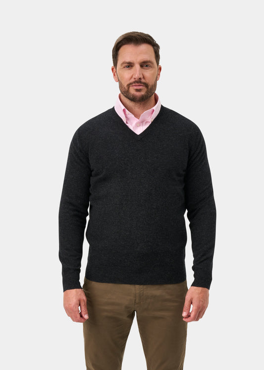 Albury Geelong Wool V-Neck Jumper In Charcoal - Regular Fit