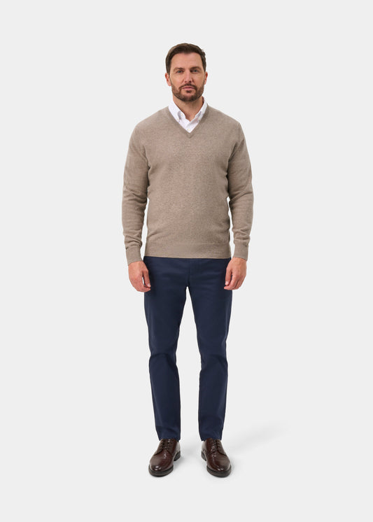Albury Geelong Wool Vee Neck Jumper In Mushroom - Regular Fit