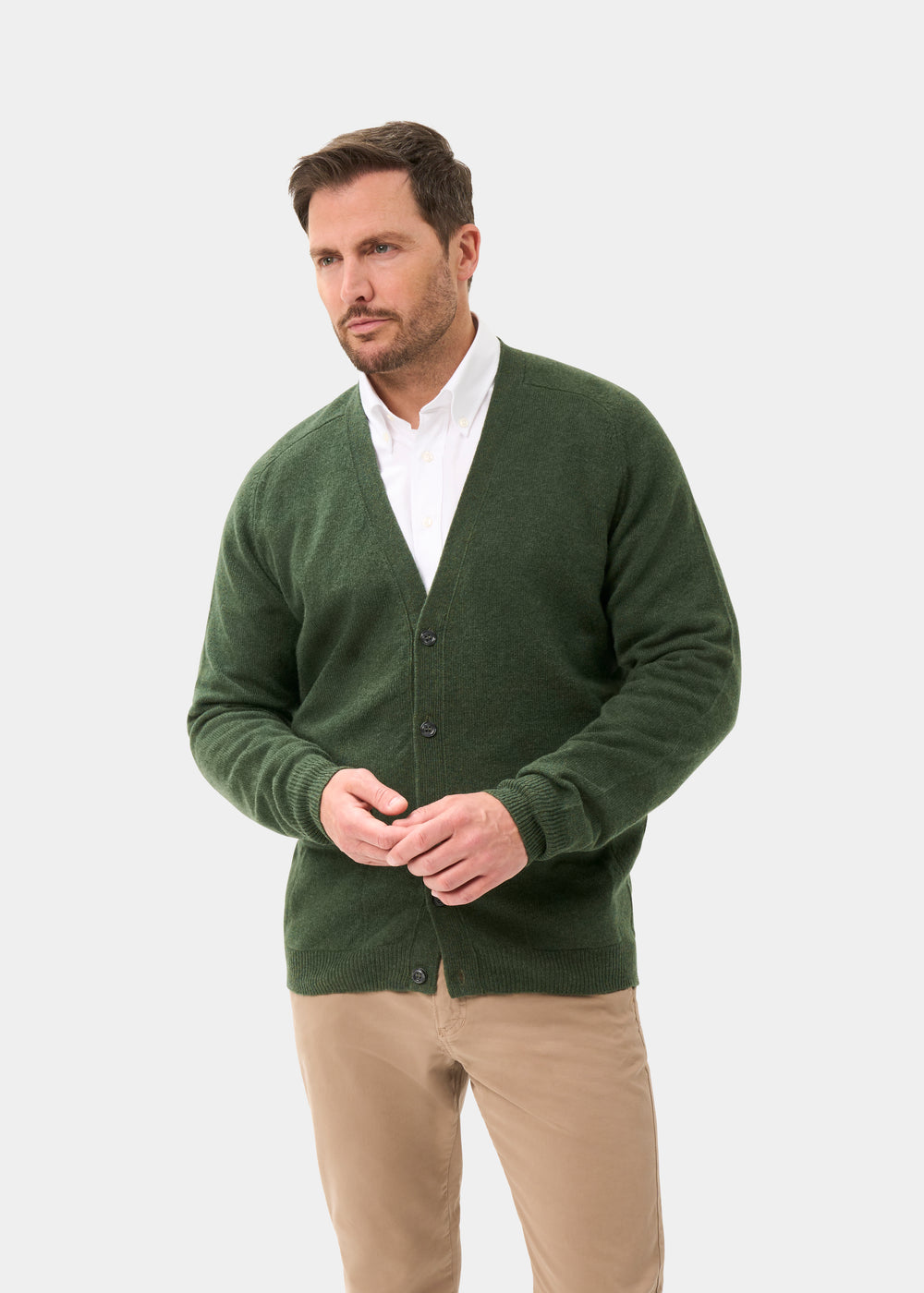 Men's Lambswool Vee Neck Cardigan Jumper in Rosemary