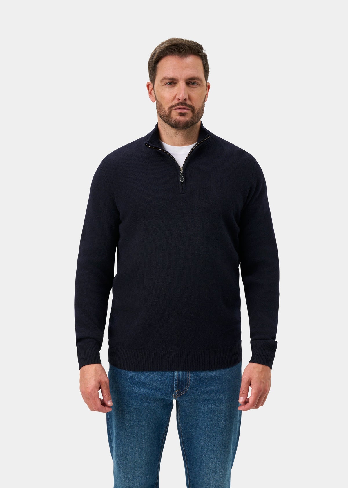 Sutherland Lambswool Quarter Zip Jumper In Navy - Regular Fit