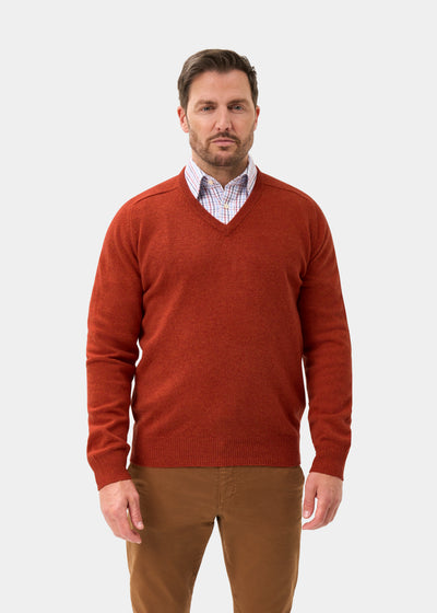 Men's Lambswool Vee Neck Jumper in Ember