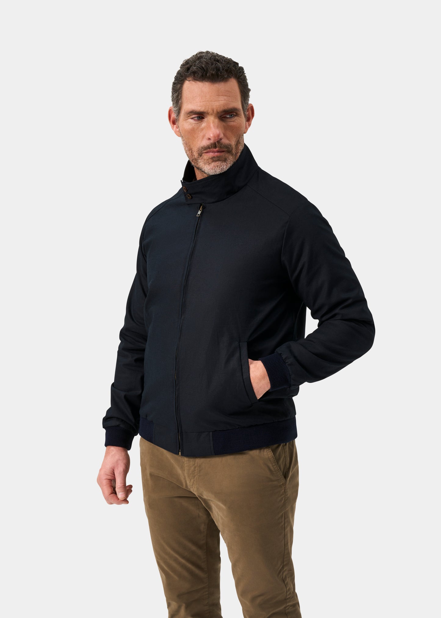 Men's Linen Cotton Bomber Jacket in Navy