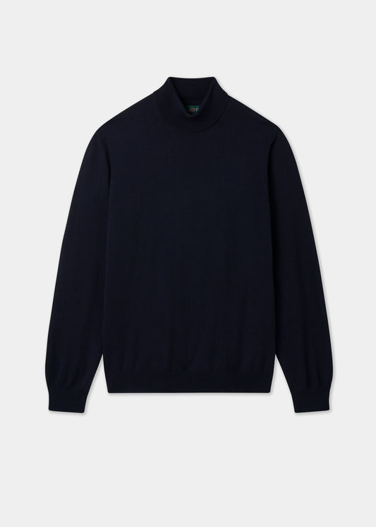 Men's Merino Wool Roll Neck Jumper in Dark Navy