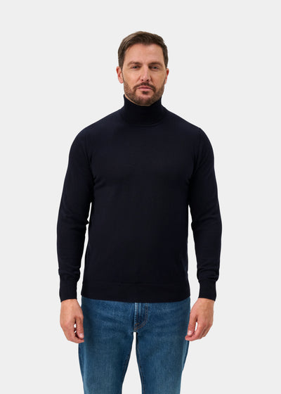 Linton Merino Wool Roll Neck Jumper in Dark Navy - Regular Fit