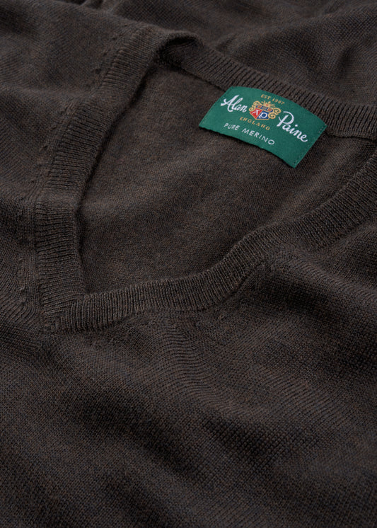 Men's Merino Wool Vee Neck Jumper in Dark Brown