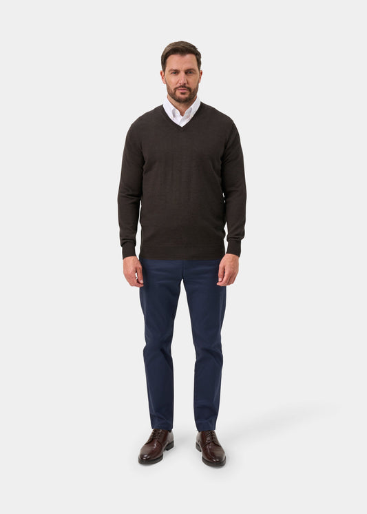 Millbreck Merino Wool Vee Neck Jumper In Dark Brown - Regular Fit