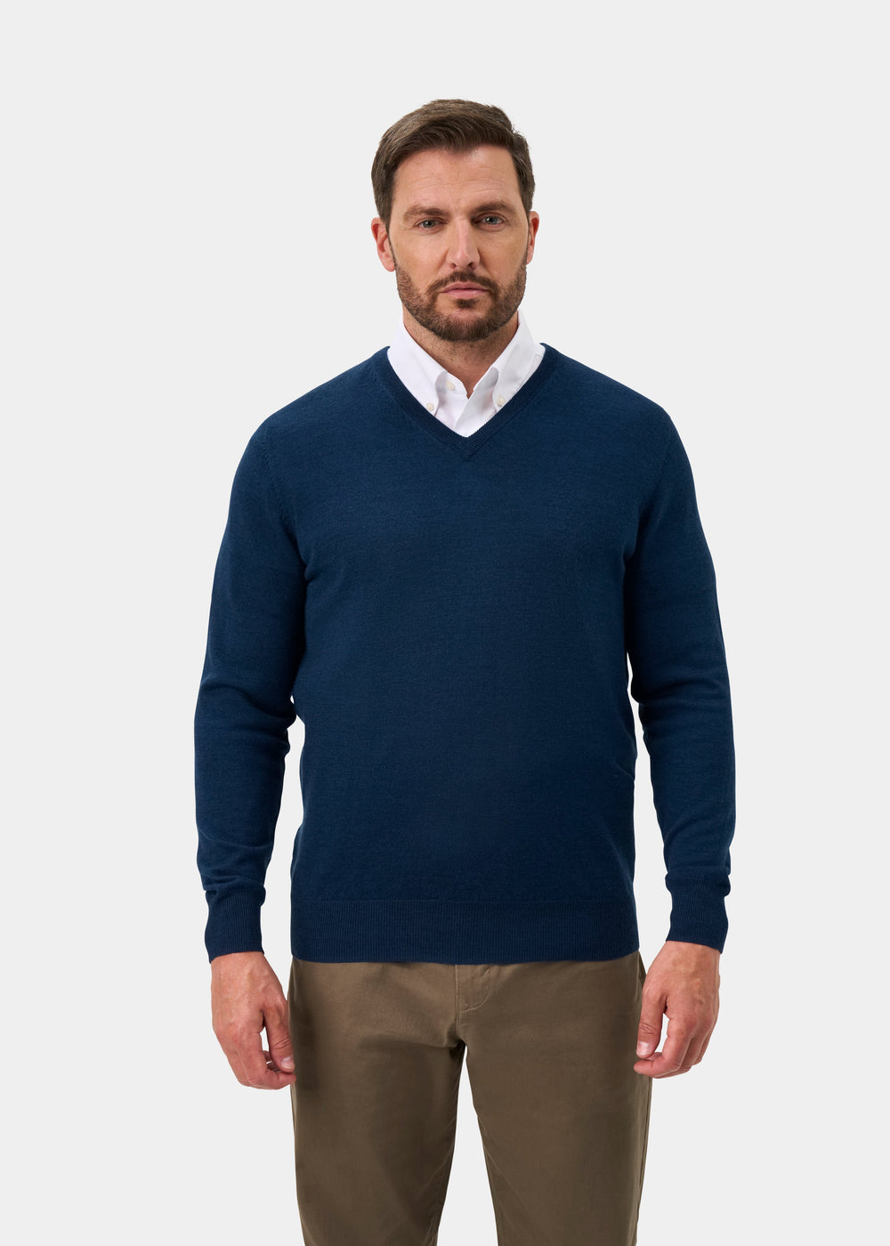 Millbreck Merino Wool V-Neck Jumper In Indigo - Regular Fit