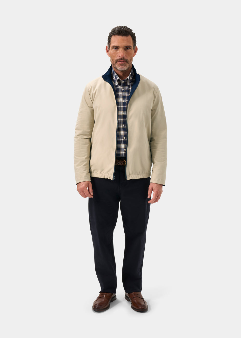 Men's Polyester Reversible Bomber Jacket in Beige & Navy