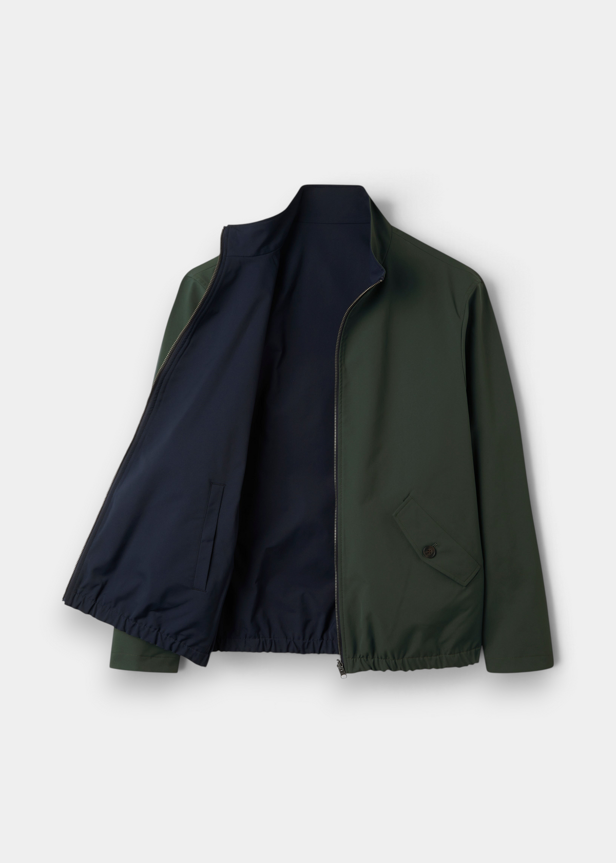 Lakeward Men’s Reversible Bomber Jacket in green/navy, buttoned pocket, dark lining, shown open on white background.