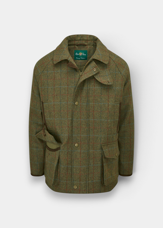 Alan Paine Surrey men's waterproof shooting coat in Hawkswood green wool tweed with cartridge and hand-warmer pockets