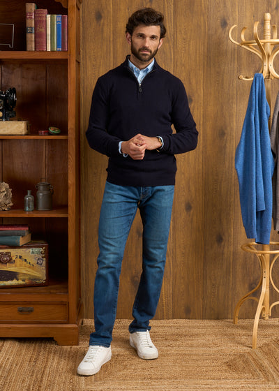 Men's Lambswool Quarter Zip Neck Jumper in Navy