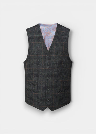 Surrey Men's Tweed Water Repellent Lined Waistcoat in Green Check  -  Regular Fit