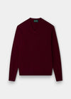 Alan Paine Albury regular fit v-neck jumper in claret red 100% Geelong lambswool with ribbed hem and cuffs