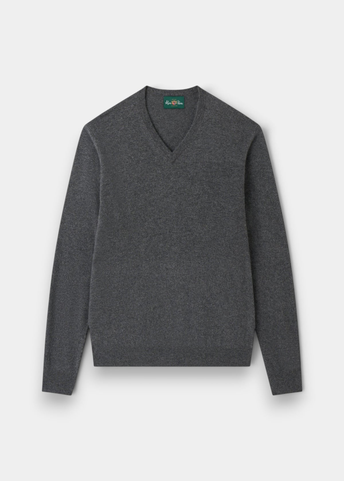 Alan Paine Albury regular fit v-neck jumper in dark grey Geelong wool with ribbed hem and cuffs