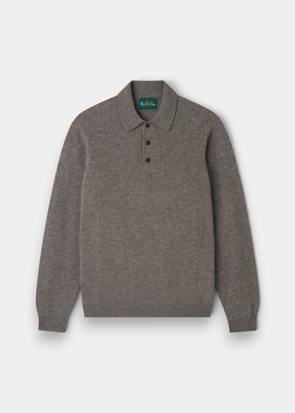 Alan Paine Bilsdean men's long sleeve polo in vole grey lambswool with a three-button placket and saddle shoulders.