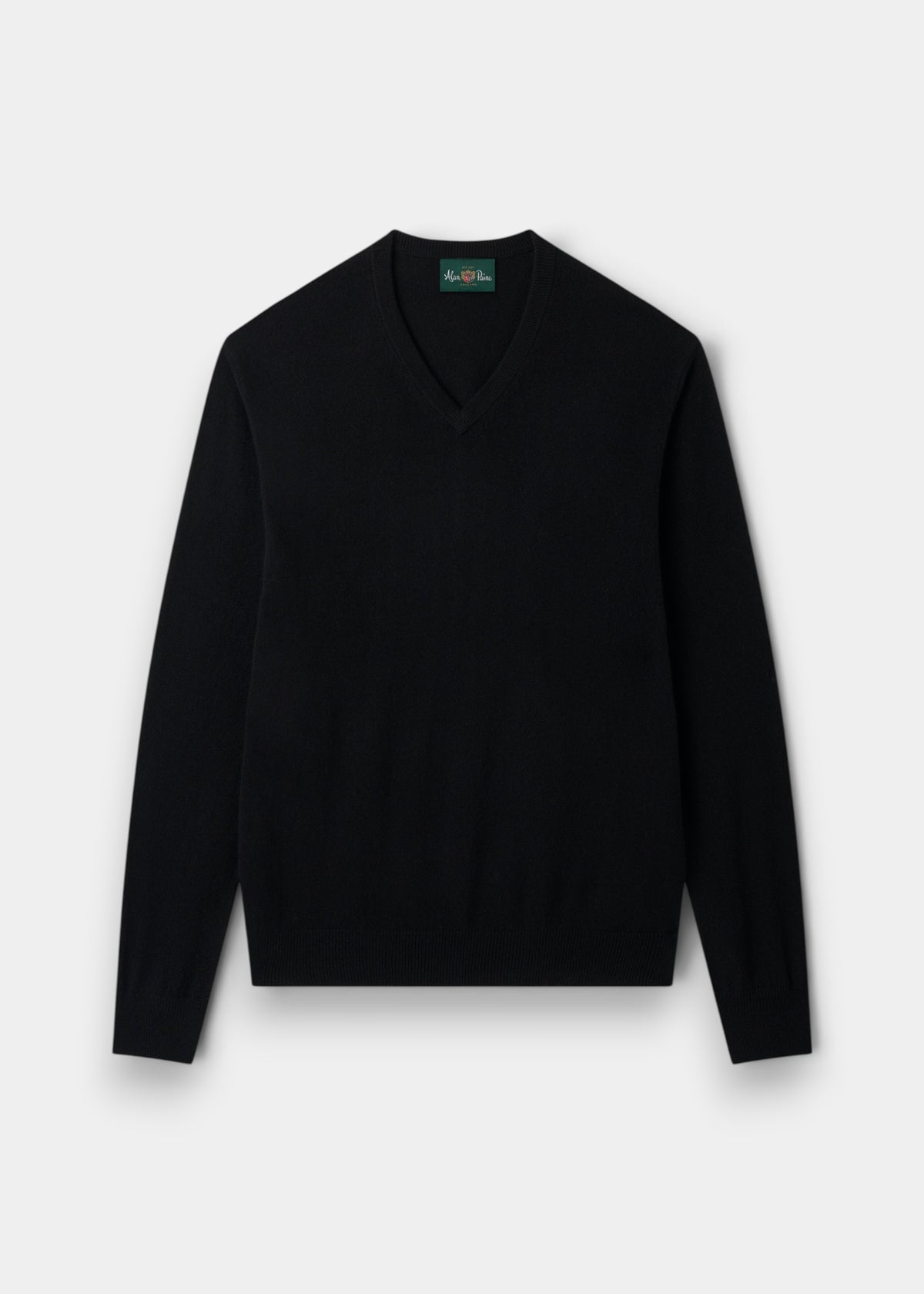 Haddington Pure Cashmere V-Neck Jumper in Black, regular fit, long sleeves, shown flat on white background.