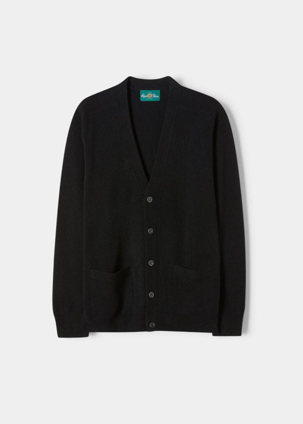 Cornwall Lambswool V-Neck Cardigan in Black, classic fit, features buttons and two front pockets on a white background.