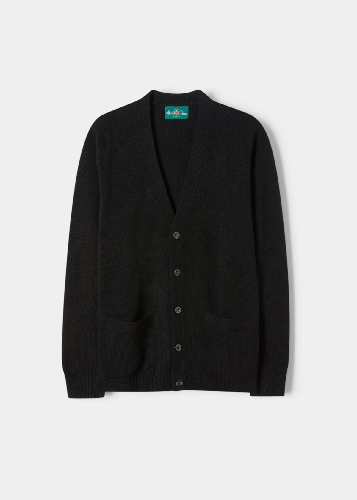 Cornwall Lambswool V-Neck Cardigan in Black, classic fit, features buttons and two front pockets on a white background.