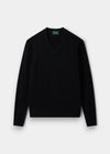 Alan Paine black V-neck jumper in soft lambswool with ribbed hem and cuffs and semi-saddle shoulder shaping.