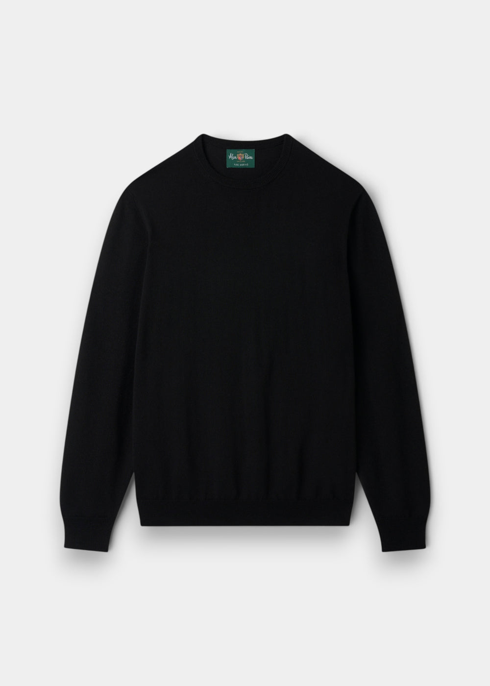 Alan Paine Radstone men's black crew neck jumper in soft 100% Italian merino wool with ribbed hem and cuffs.
