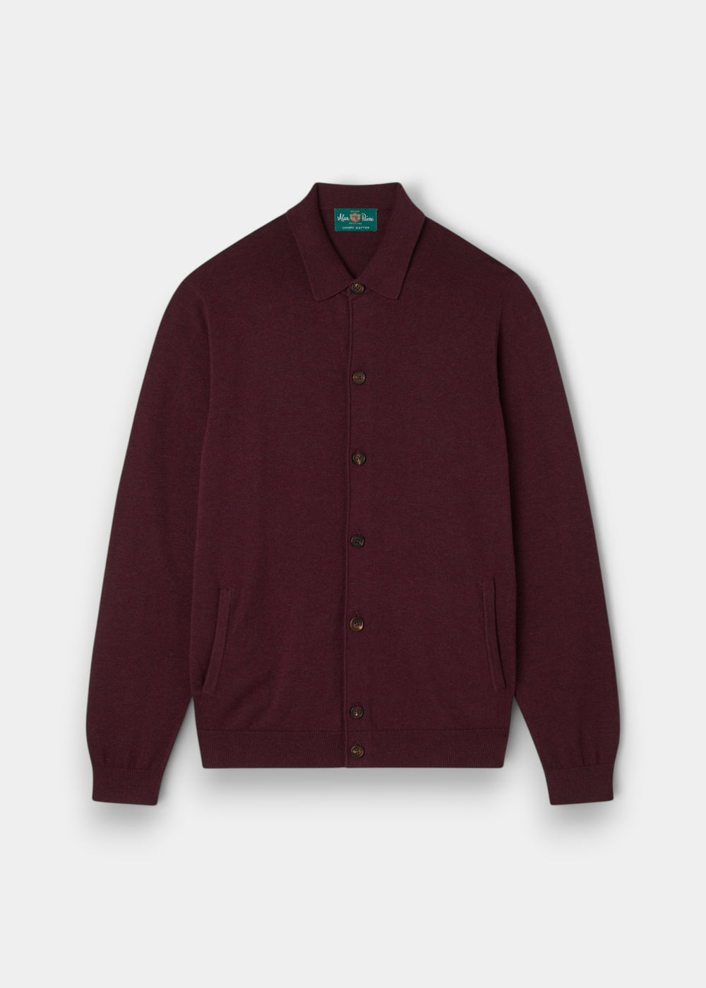 Alan Paine Tyneham men's blackcurrant button-through shirt in a soft cotton and cashmere knit blend.