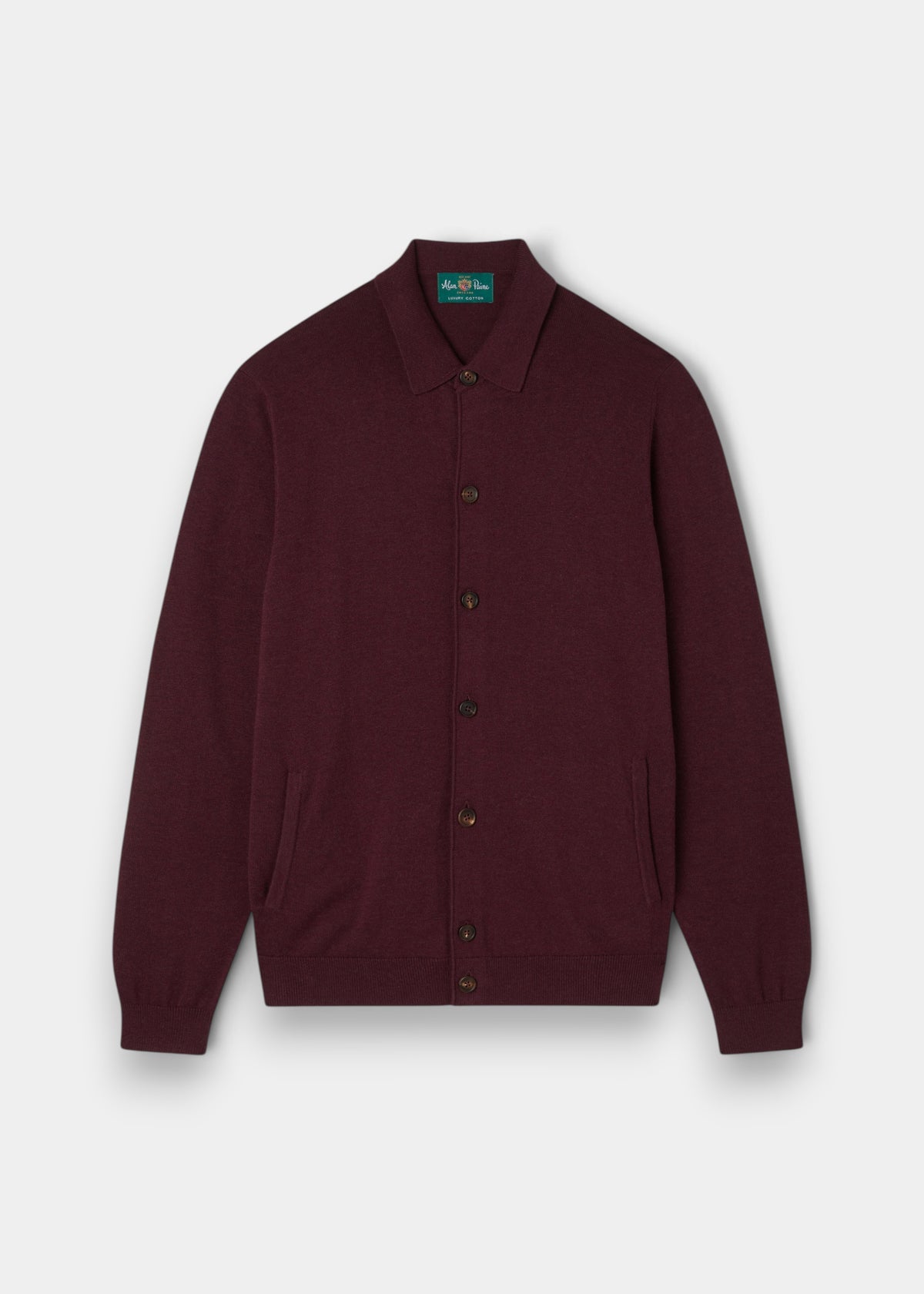Alan Paine Tyneham men's blackcurrant button-through shirt in a soft cotton and cashmere knit blend.